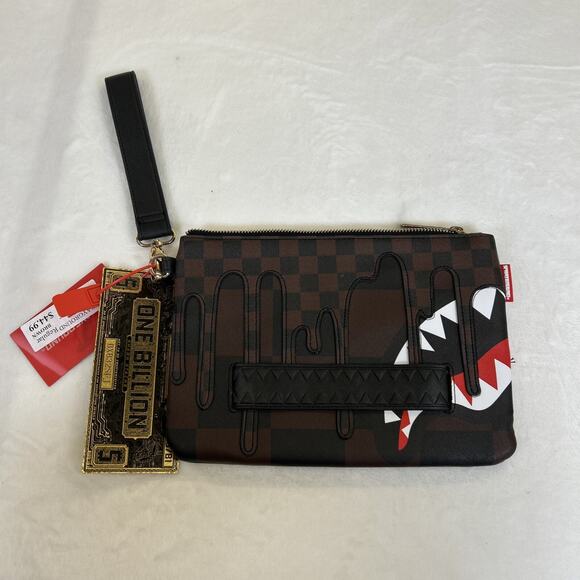 NEW Sprayground Sharks in Paris Drip Brown Checked Crossover Clutch BnftsCharity - Picture 2 of 12